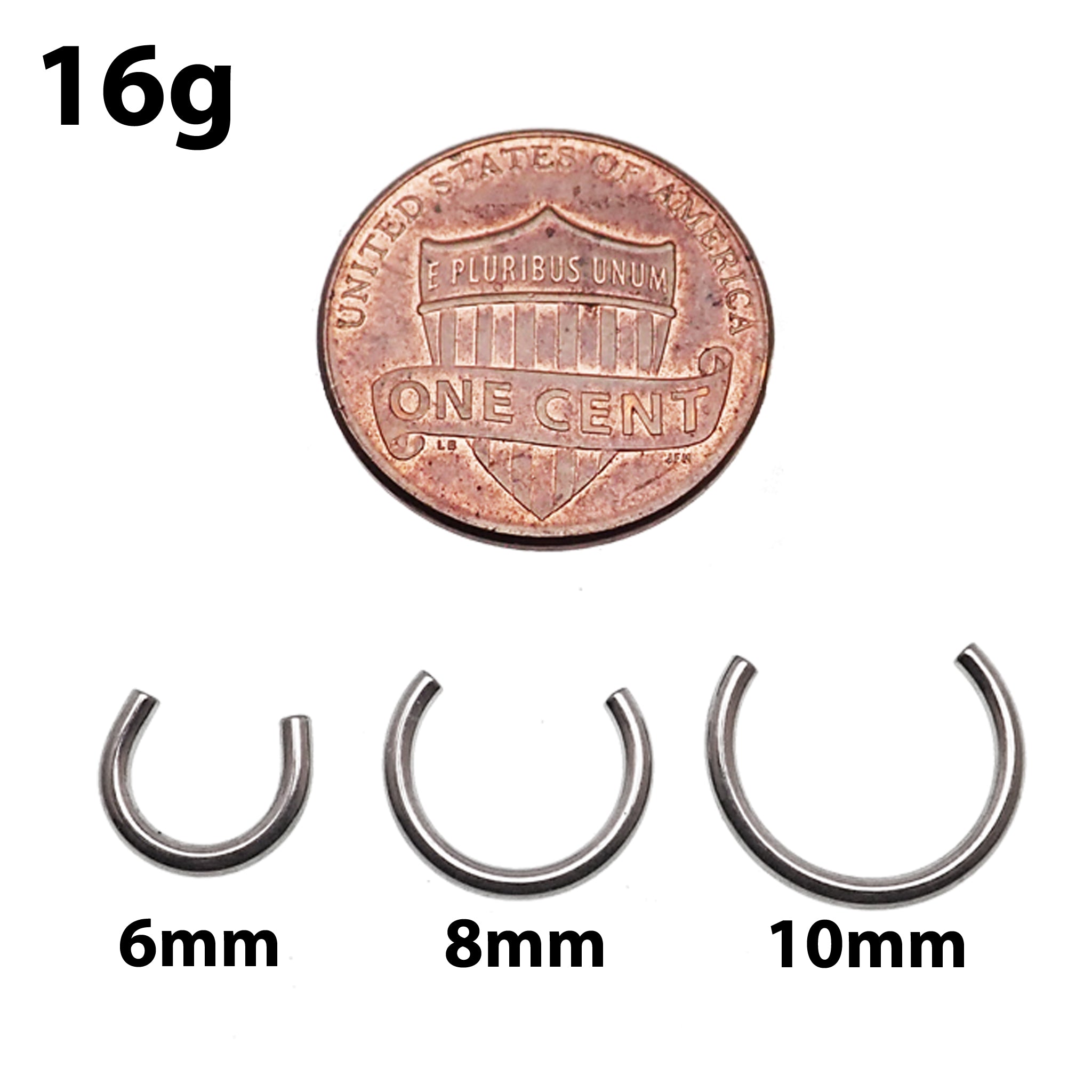 Internally threaded horseshoe titanium circular piercing ring by Body Clickers, 16g, 6mm diameter, shiny metallic finish.