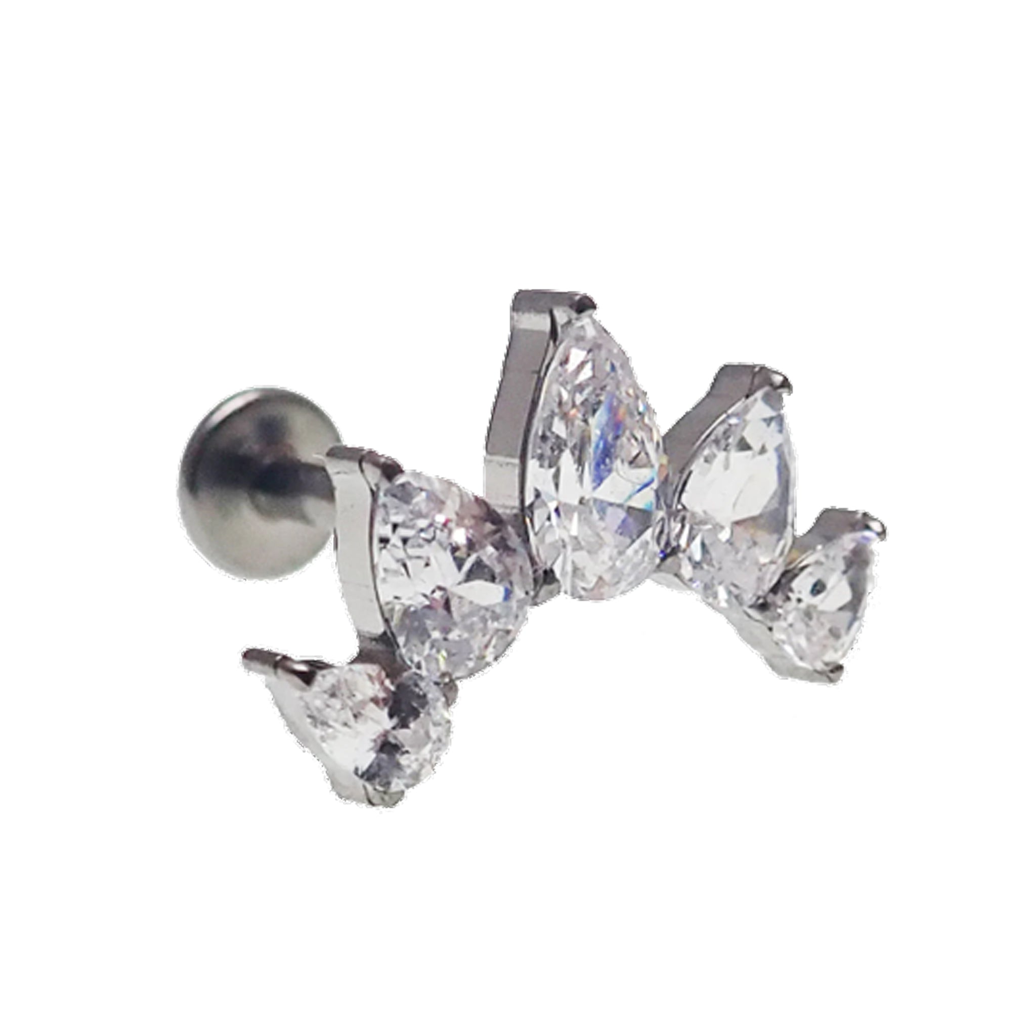 Clear CZ peardrop crown titanium flatback piercing in 14g, 16g, and 18g with a sparkling peardrop design and secure flatback setting.
