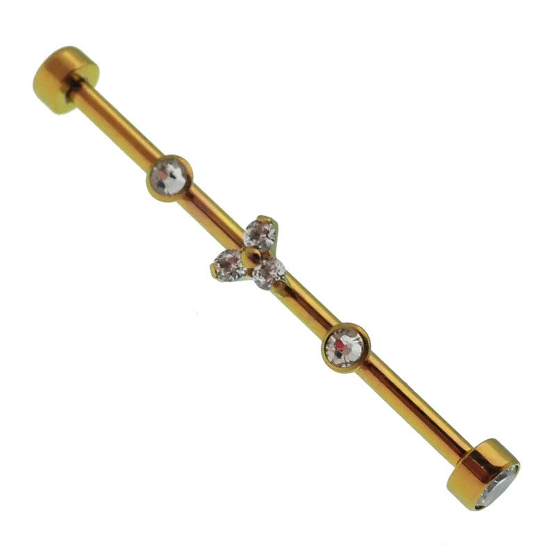 Gold industrial scaffold bar with clear CZ and Trinity stones, 14g Body Clickers tri-flower design for industrial piercing style.