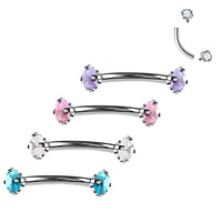 Blue double CZ crystal steel curved body piercing jewelry, 16g, from Body Clickers with a sleek 6mm design.