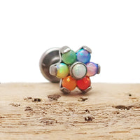 Mixed opal rainbow flower titanium flatback piercing 14g, featuring colorful floral design and titanium material for body jewelry.