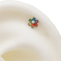 Mixed opal rainbow flower titanium flatback piercing in 14g, featuring colorful floral design and titanium material for body jewelry.