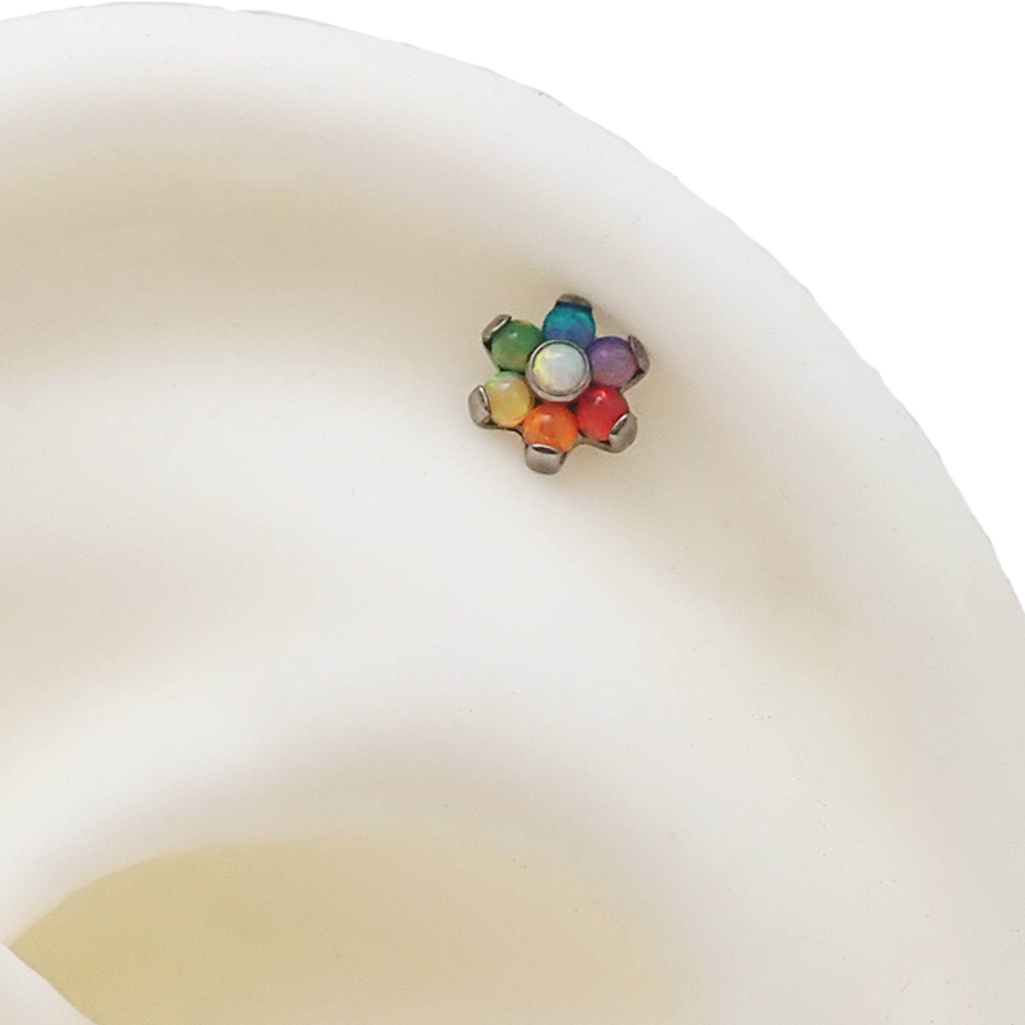Mixed opal rainbow flower titanium flatback piercing in 14g, featuring colorful floral design and titanium material for body jewelry.