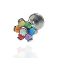 Mixed opal rainbow flower titanium flatback piercing in 14g with colorful floral design and secure flatback style.