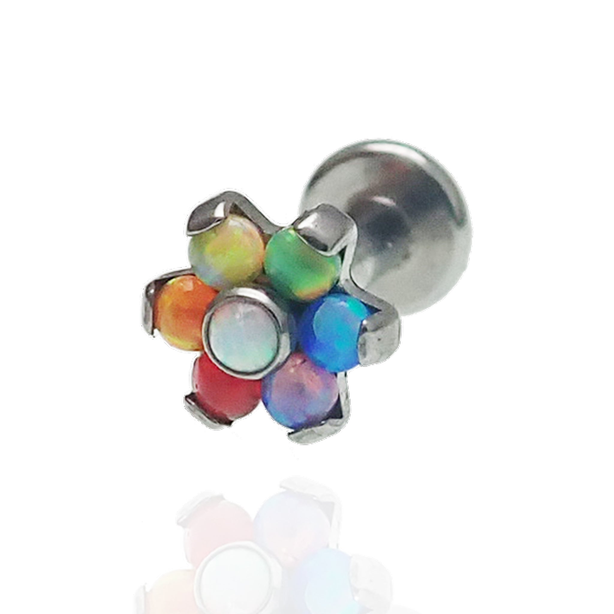 Mixed opal rainbow flower titanium flatback piercing in 14g with colorful floral design and secure flatback style.