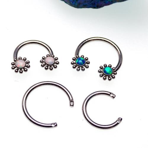 Opal Sun Circular Rings by Body Clickers, 8mm peacock blue opal design, 16g body jewelry for pierced ears or body.