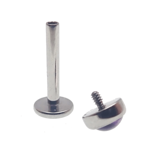 Amethyst and cloudy moonstone titanium flatback piercing in 14g with Body Clickers branding, showcasing the elegant jewelry design.