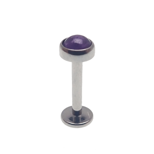Amethyst and cloudy moonstone titanium flatback piercing in 14g with the Body Clickers brand, featuring a shimmering gemstone design.