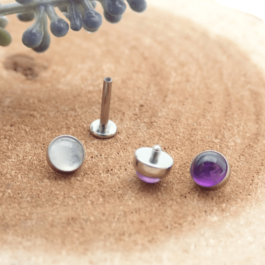 Titanium flatback piercing with amethyst and cloudy moonstone beads, 14g Body Clickers jewelry for body piercing accessories.
