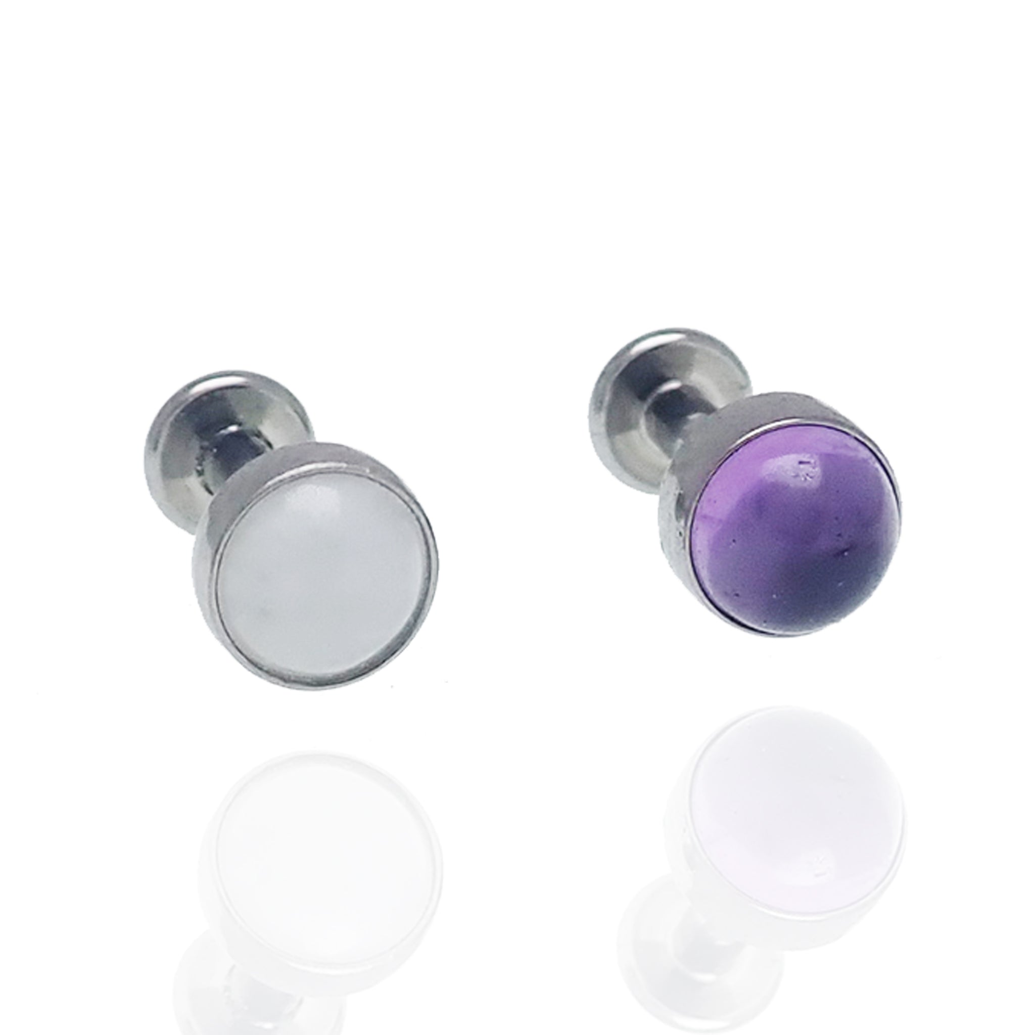 Titanium flatback piercing with amethyst and cloudy moonstone gemstones, 14g body clickers jewelry.