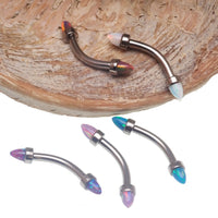 Black fire spiked opal cone with curved barbell 16g, body jewelry from Body Clickers, featuring bold, edgy design.