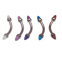 Black fire spiked opal cone jewelry with curved barbell, 16g, for body piercing and accessories from Body Clickers.