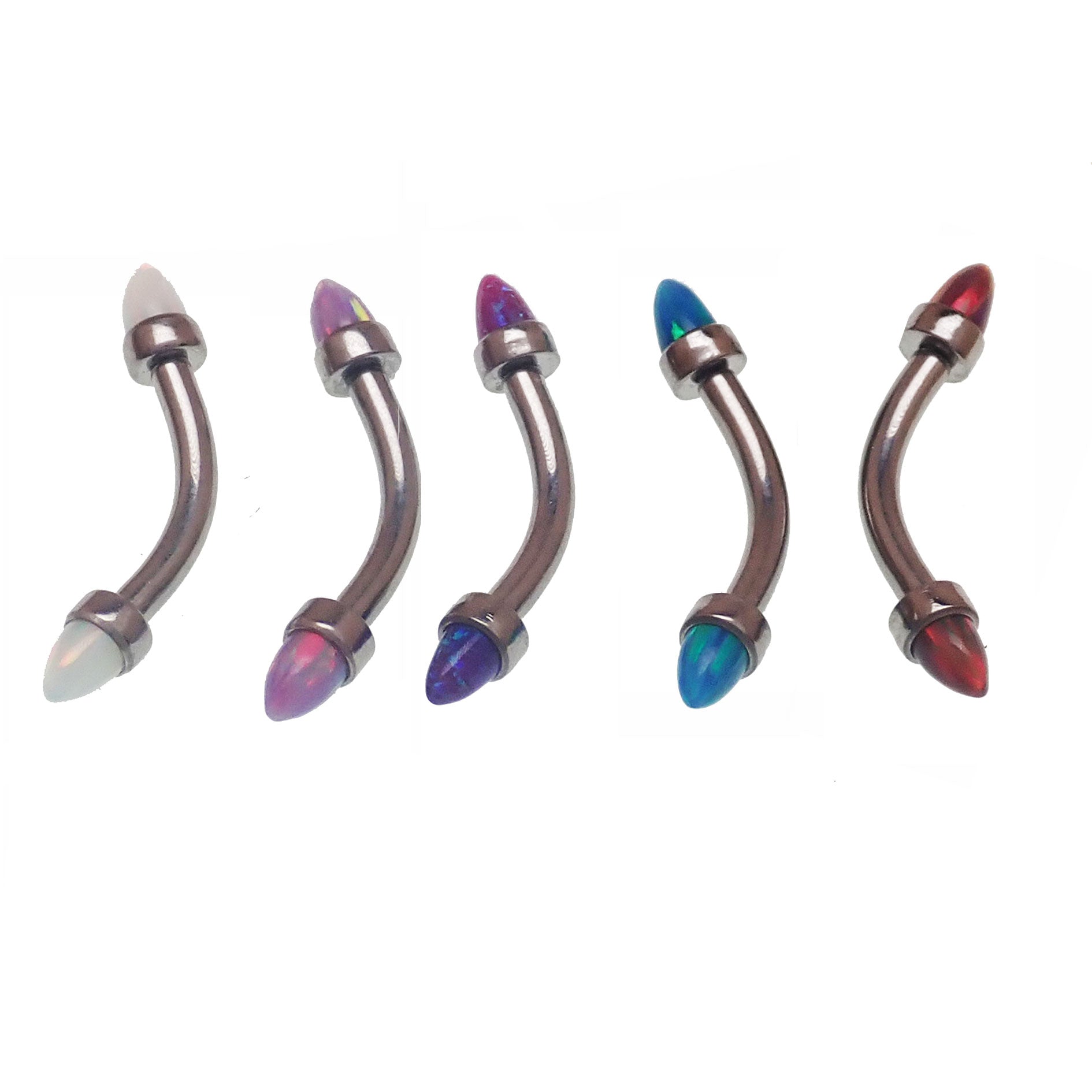 Black fire spiked opal cone jewelry with curved barbell, 16g, for body piercing and accessories from Body Clickers.