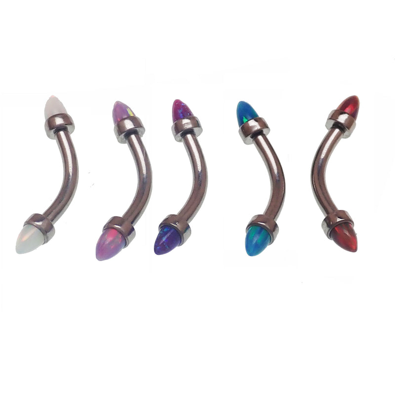 Black fire spiked opal cone jewelry with curved barbell, 16g, for body piercing and accessories from Body Clickers.