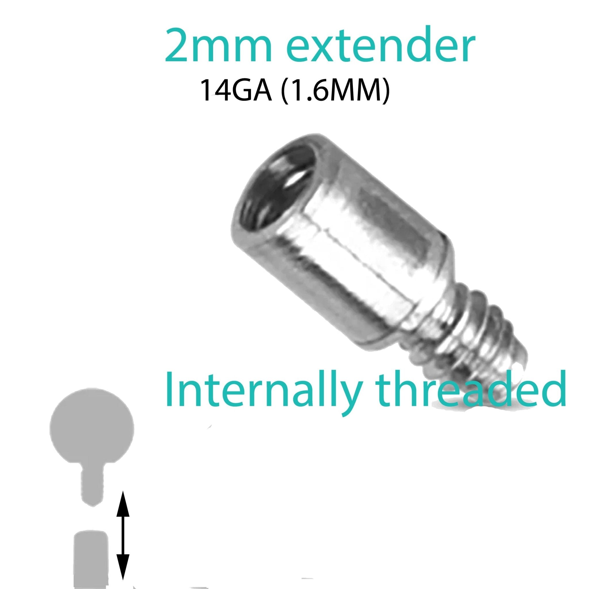 Body Clickers titanium implant barbell with 2mm extender in 14g and 16g gauges, featuring a sleek, durable design.
