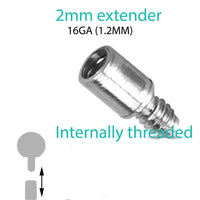 Body Clickers implant titanium barbell with 2mm extender, 14g and 16g gauges, for body piercing and jewelry.