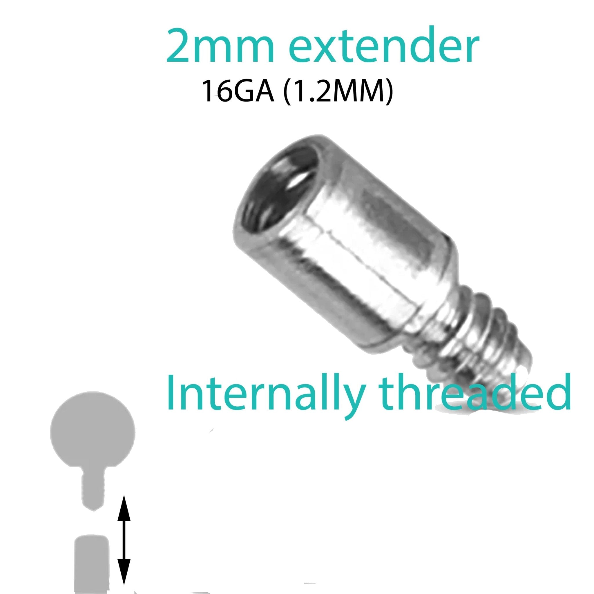Body Clickers implant titanium barbell with 2mm extender, 14g and 16g gauges, for body piercing and jewelry.