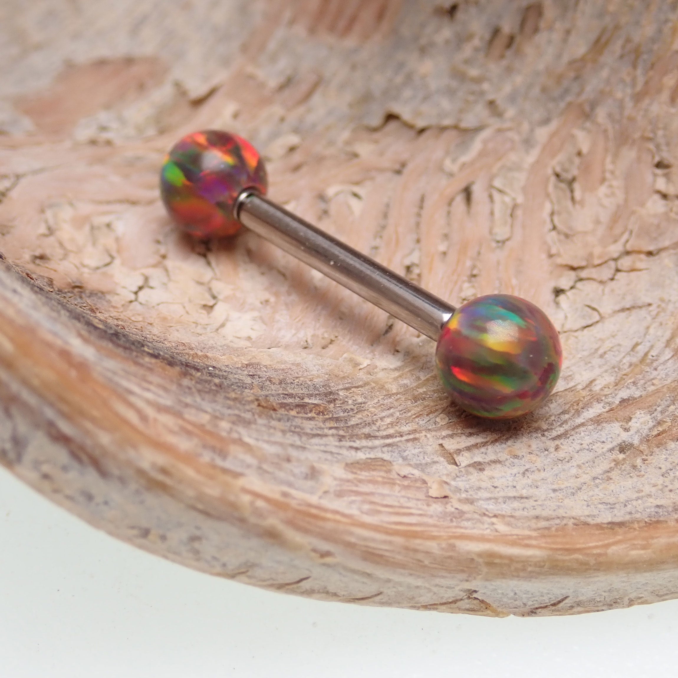 Dark cherry opal Body Clickers barbell with 8mm length, 14g gauge, featuring a sleek barbell design and vibrant gemstone accents.