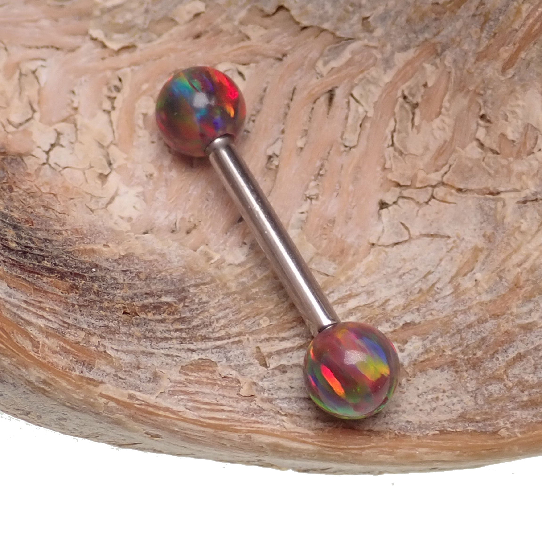 Dark cherry opal barbell from Body Clickers, 14g, with 8mm dark cherry opal stone, suitable for body piercing jewelry.