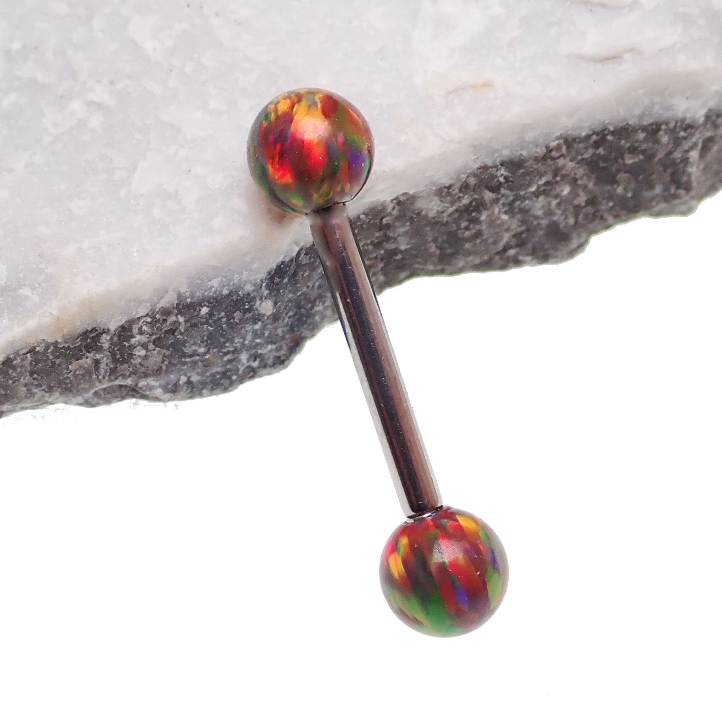 Dark cherry opal barbell by Body Clickers, 14g, 8mm length, featuring a vibrant cherry-colored gemstone for body piercing jewelry.