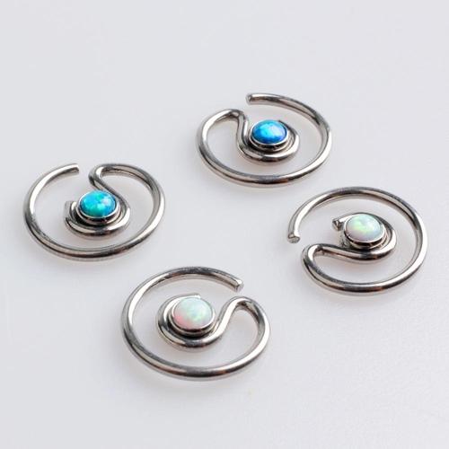 Peacock blue spiral titanium BCR ring with opal design, 16g body jewelry from Body Clickers.