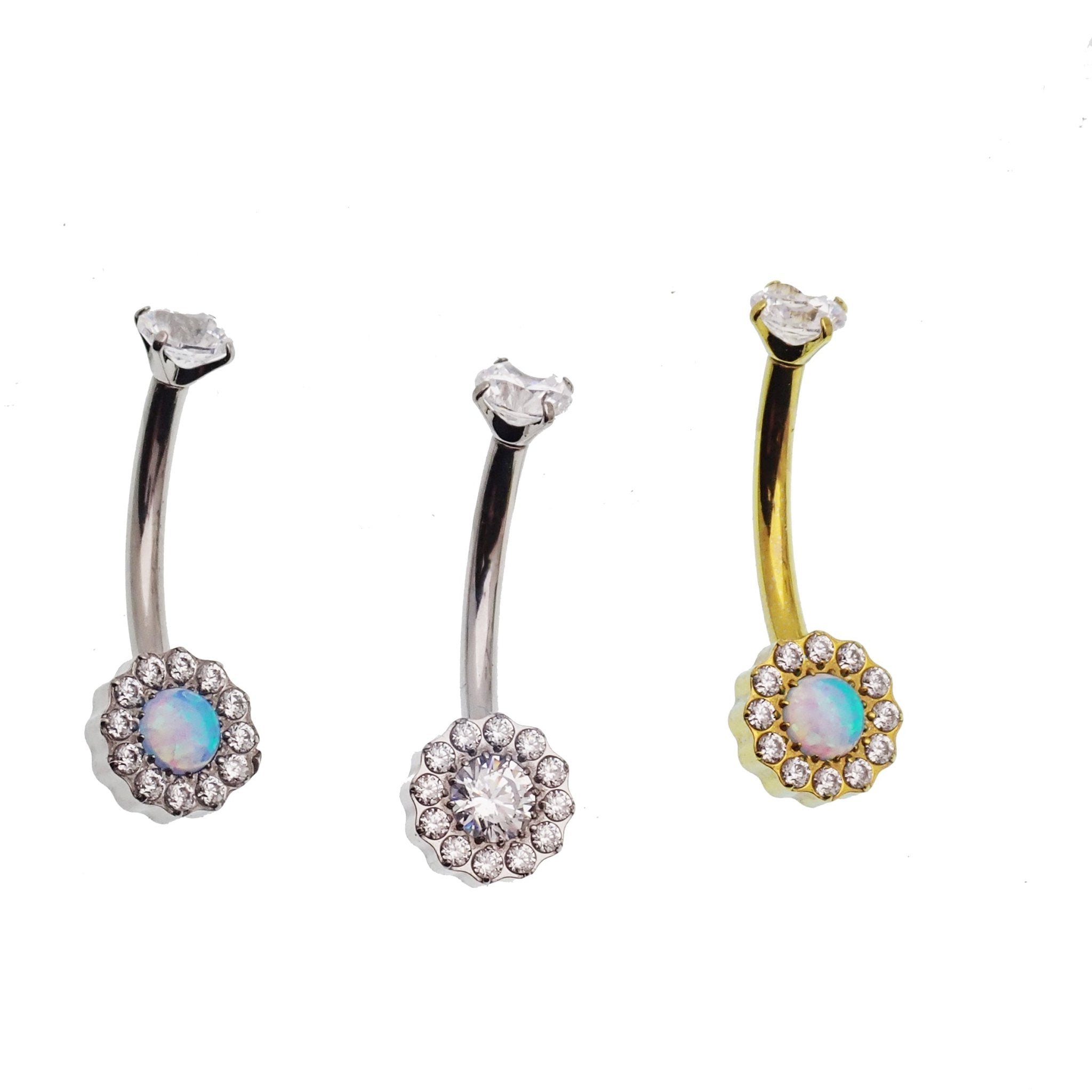 Titanium belly ring with clear CZ and azure blue opal, 10mm size, 14g internally threaded body clickers jewelry.