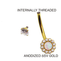 Clear CZ and Azure Blue Opal titanium belly ring with 10mm gemstone, 14g Body Clickers belly bar jewelry.