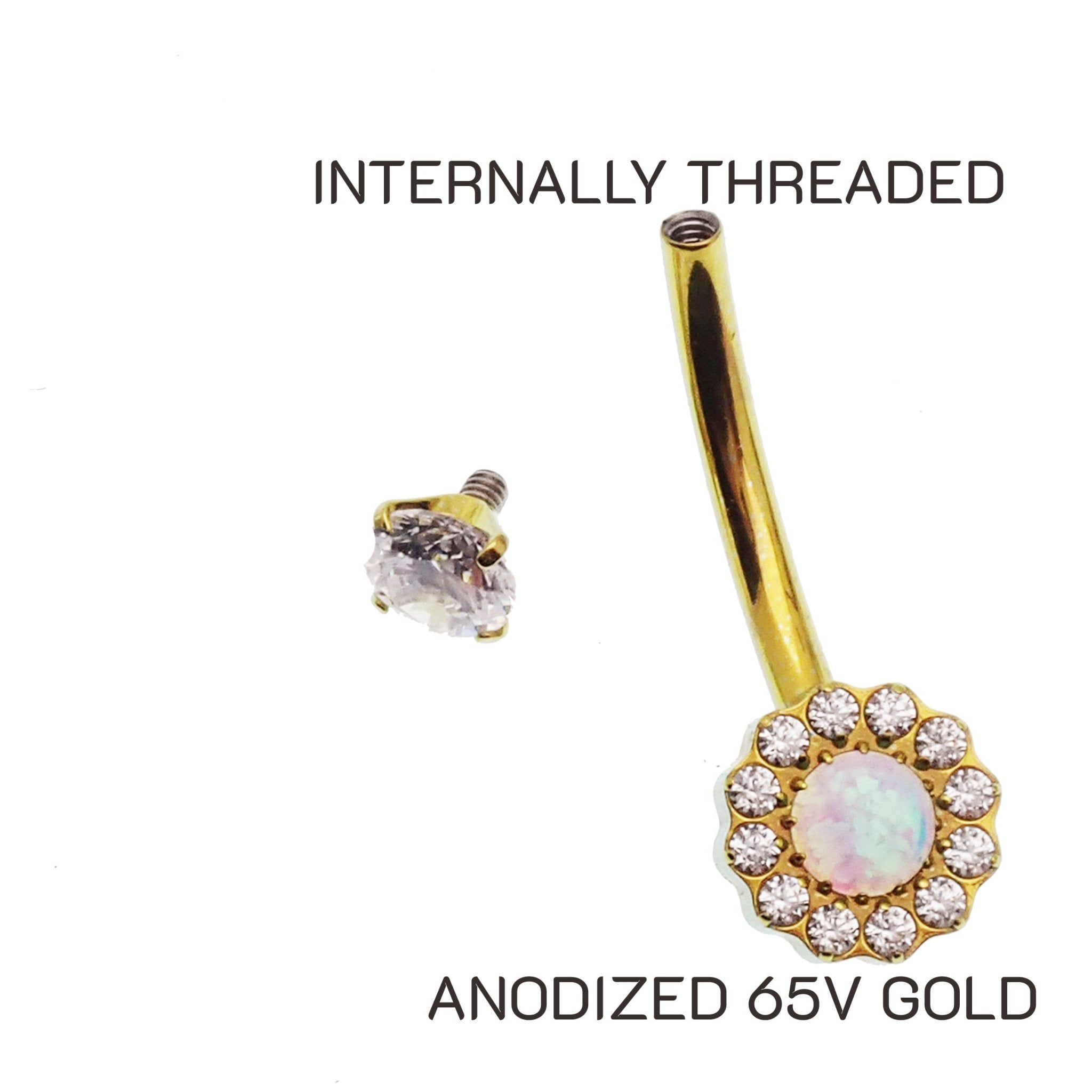 Clear CZ and Azure Blue Opal titanium belly ring with 10mm gemstone, 14g Body Clickers belly bar jewelry.