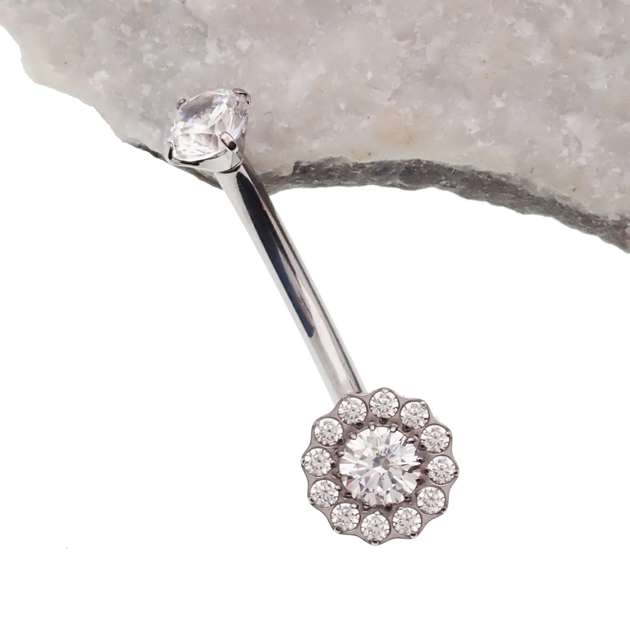 Titanium belly ring with clear cubic zirconia and azure blue opal accents, 10mm size, 14g gauge, by Body Clickers.
