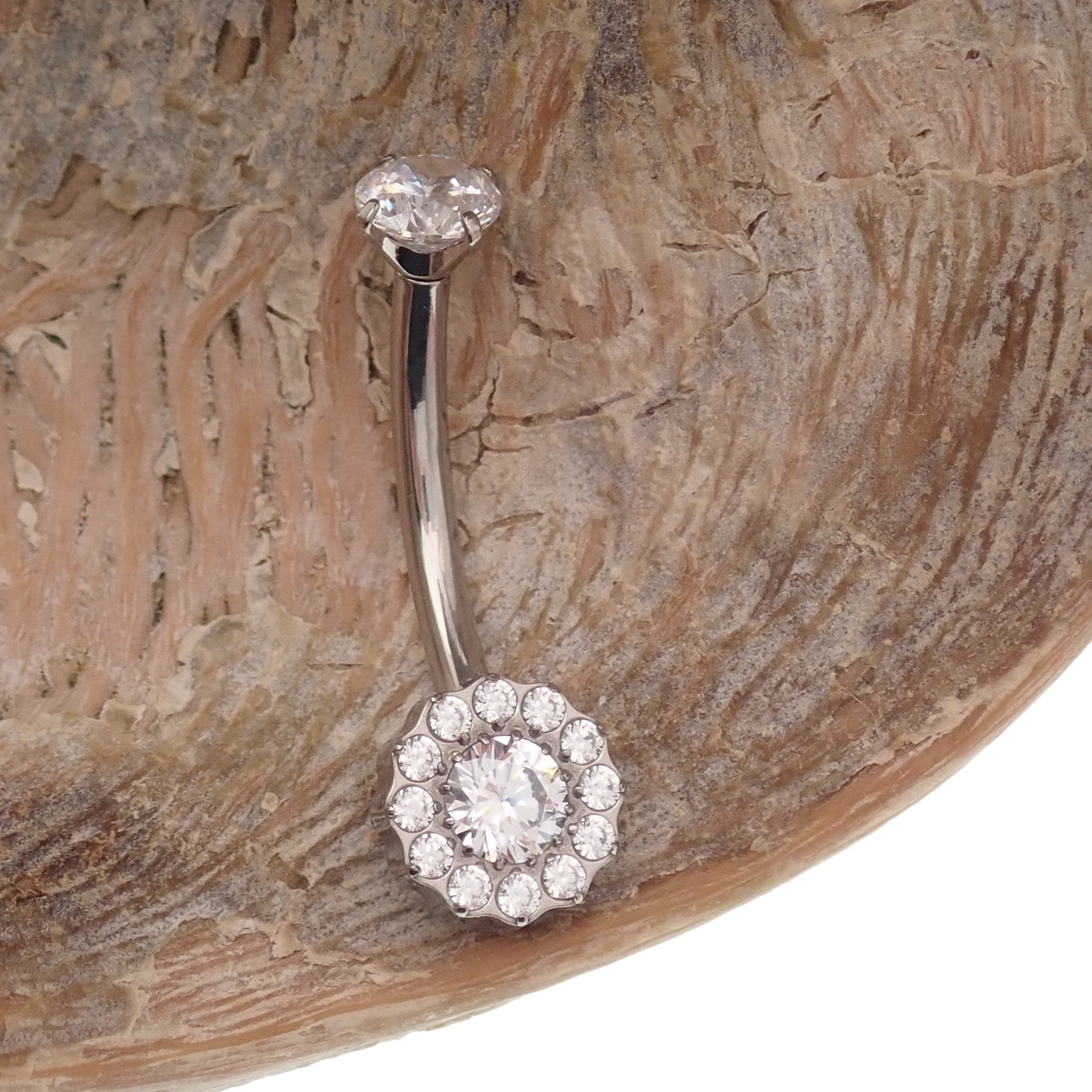 Clear CZ and Azure Blue Opal titanium belly ring with 10mm ball, 14g gauge, from Body Clickers, featuring a sleek modern design.