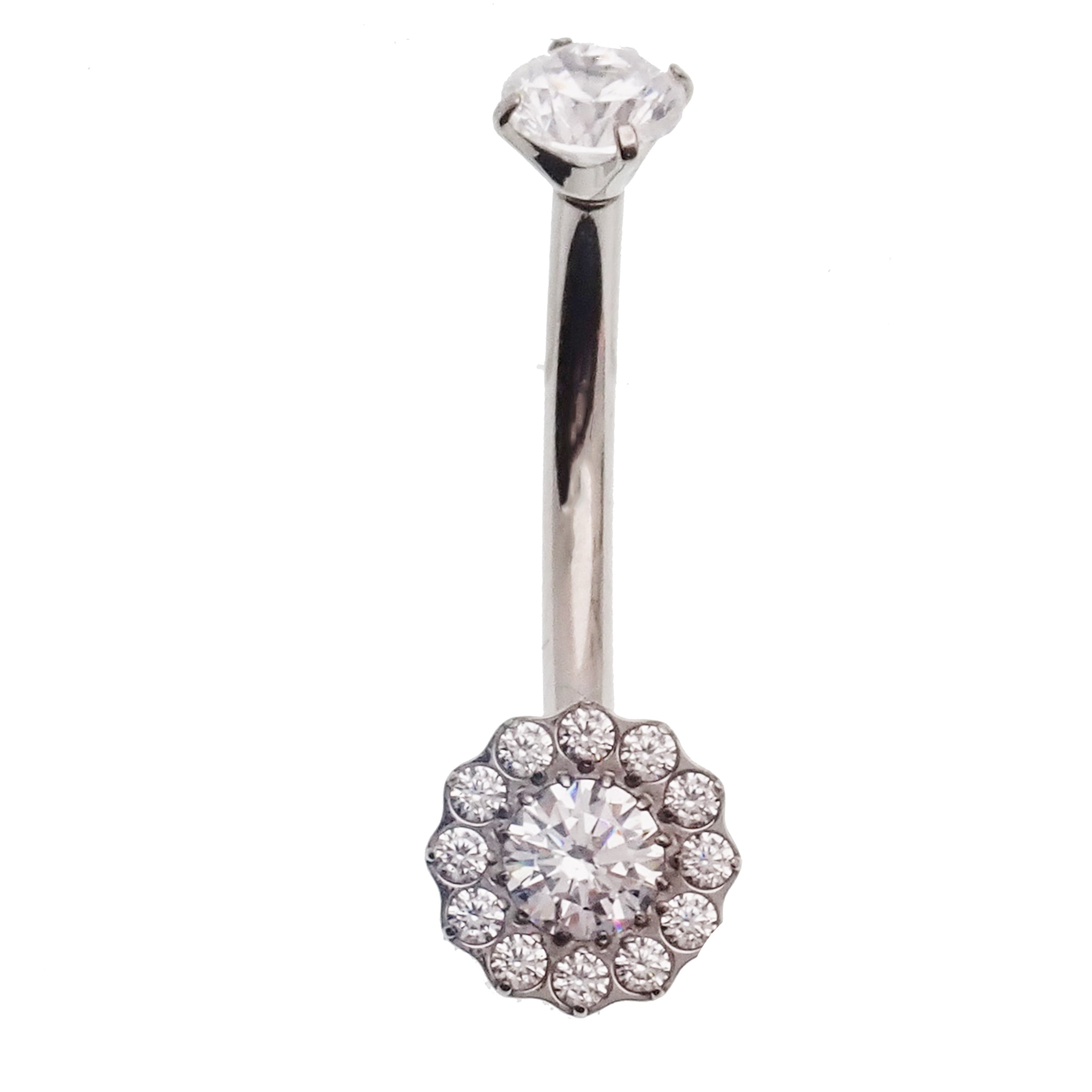Clear CZ and Azure Blue Opal titanium belly ring, 10mm, 14g, Body Clickers body jewelry with a sleek, polished design.