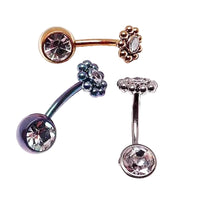 Beaded CZ flower and ball belly bar in 14g with decorative beads, body jewelry by Body Clickers.