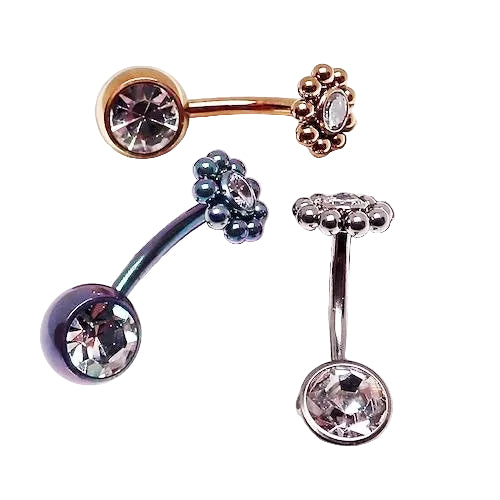 Beaded CZ flower and ball belly bar in 14g with decorative beads, body jewelry by Body Clickers.