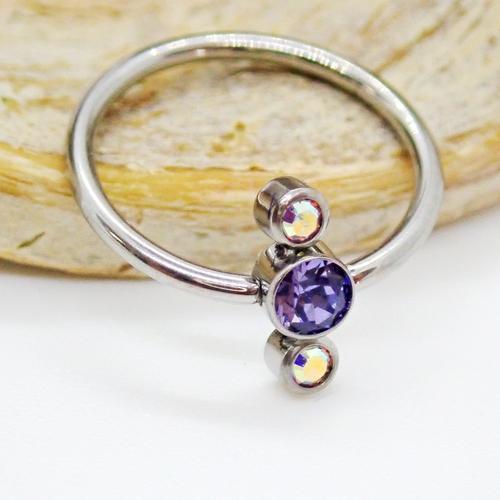 Black Tanzanite and AB crystal 3-stone cluster titanium body jewelry ring, 16g, by Body Clickers.