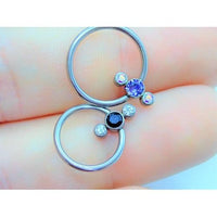 Black Tanzanite and AB crystal 3-stone cluster titanium body jewelry ring by Body Clickers, 16g, with a sleek modern design.