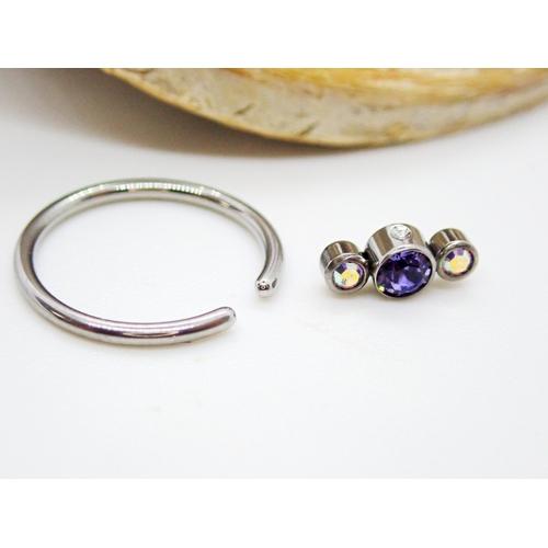 Black Tanzanite and AB crystal 3-stone cluster titanium body jewelry ring by Body Clickers, 16g, featuring a sleek design.