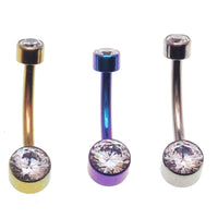 Titanium CZ bezel belly bar body jewelry with 14g gauge and 10mm or 12mm length, featuring a sparkling CZ stone.