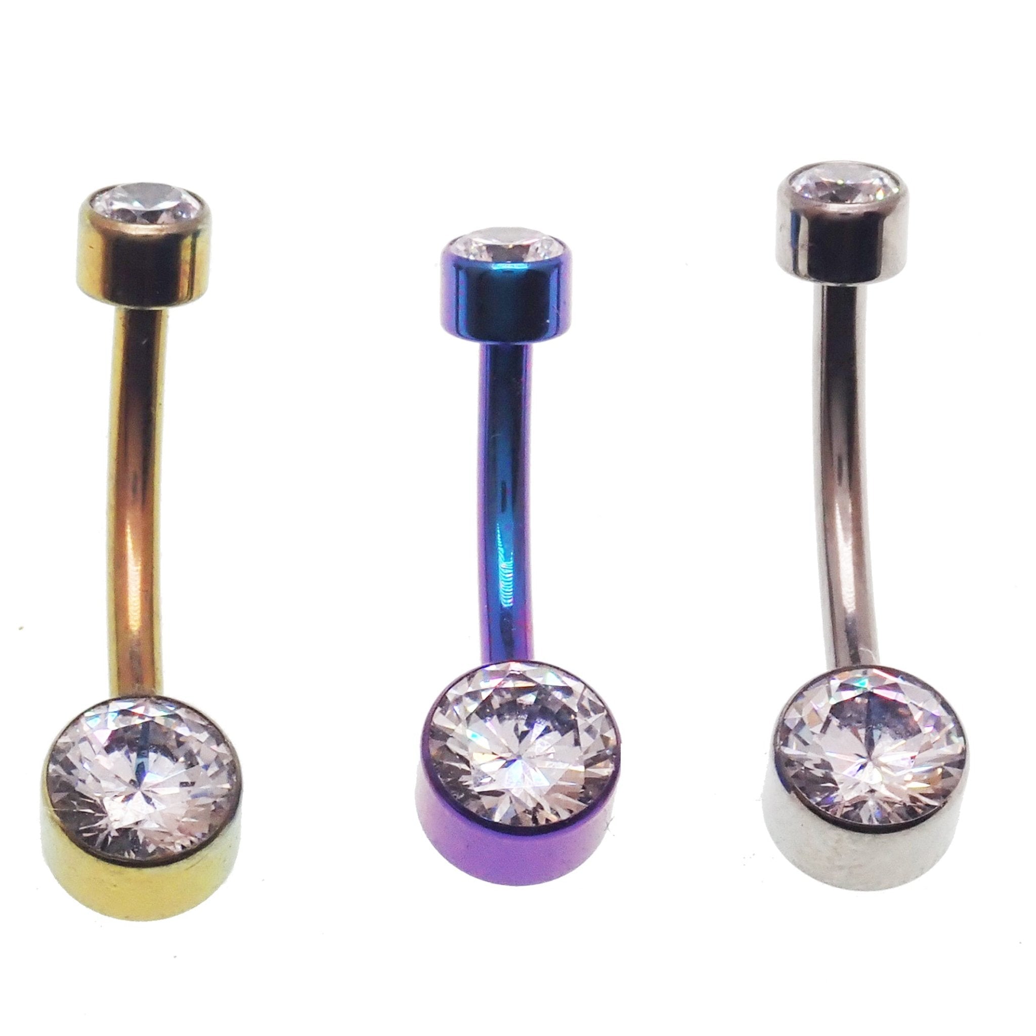 Titanium CZ bezel belly bar body jewelry with 14g gauge and 10mm or 12mm length, featuring a sparkling CZ stone.