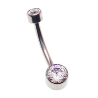 CZ Bezel Belly Bar body jewelry with a 14g stainless steel design featuring a sparkling cubic zirconia setting.