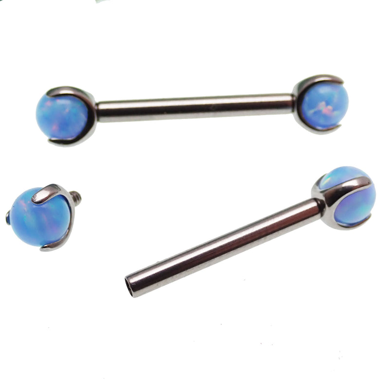Cornflower blue opal titanium nipple jewelry by Body Clickers, 12g, 12mm barbell with colorful gemstone accents.