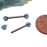 Cornflower blue opal titanium nipple jewelry with 12 gauge size and 12mm length, designed for body clickers body jewelry.