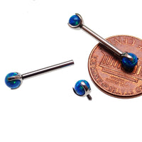Peacock blue opal titanium nipple bar jewelry by Body Clickers, 12G, 12mm bar with vibrant blue and opal accents