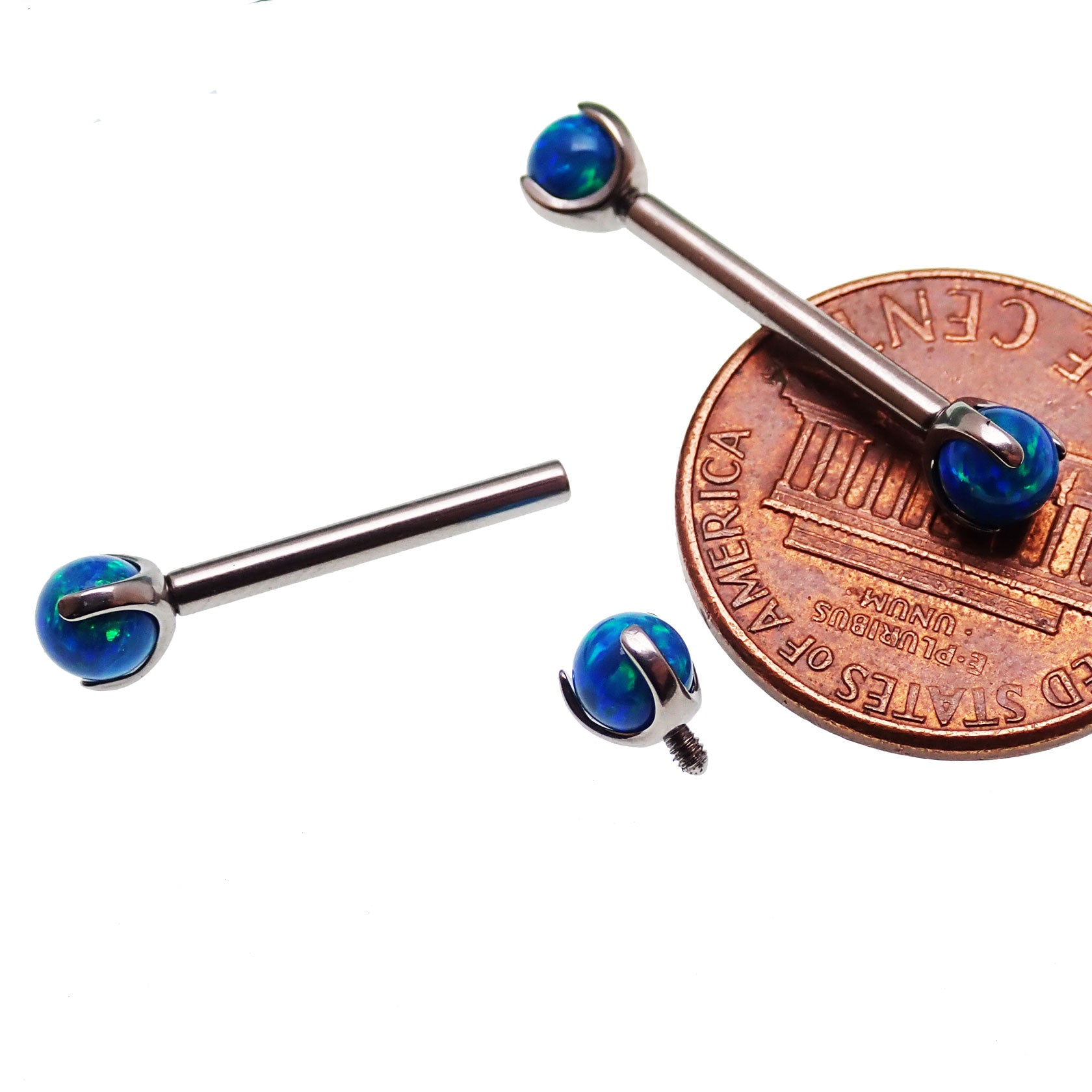 Peacock blue opal titanium nipple bar jewelry by Body Clickers, 12G, 12mm bar with vibrant blue and opal accents