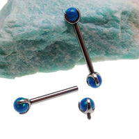 Peacock blue opal titanium nipple bar by Body Clickers Body Jewelry, 12g, 12mm curved bar with vibrant blue gem.