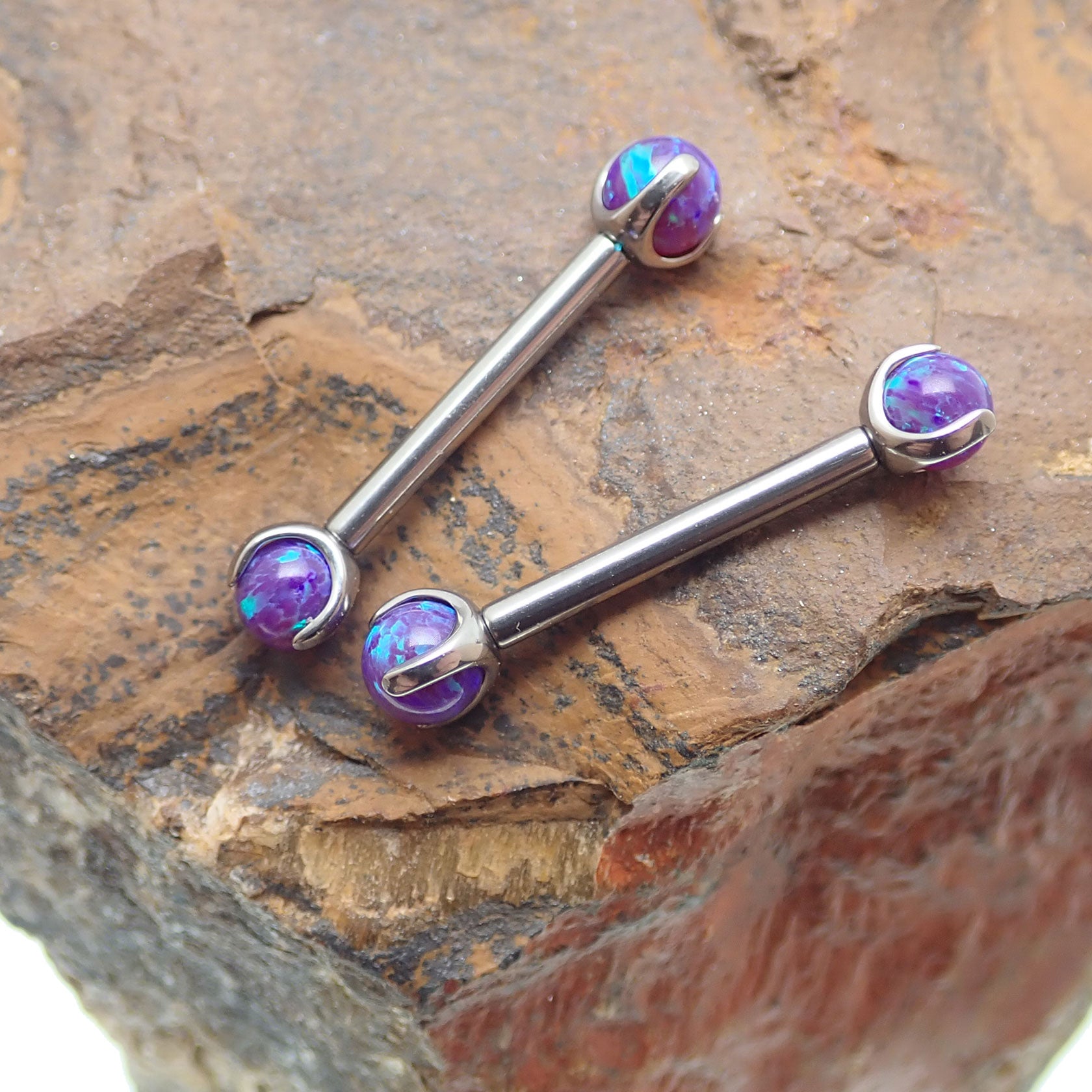 12G Sleepy Lavender Opal Nipple Barbell by Body Clickers Body Jewelry, featuring lavender opal gemstone on stainless steel post