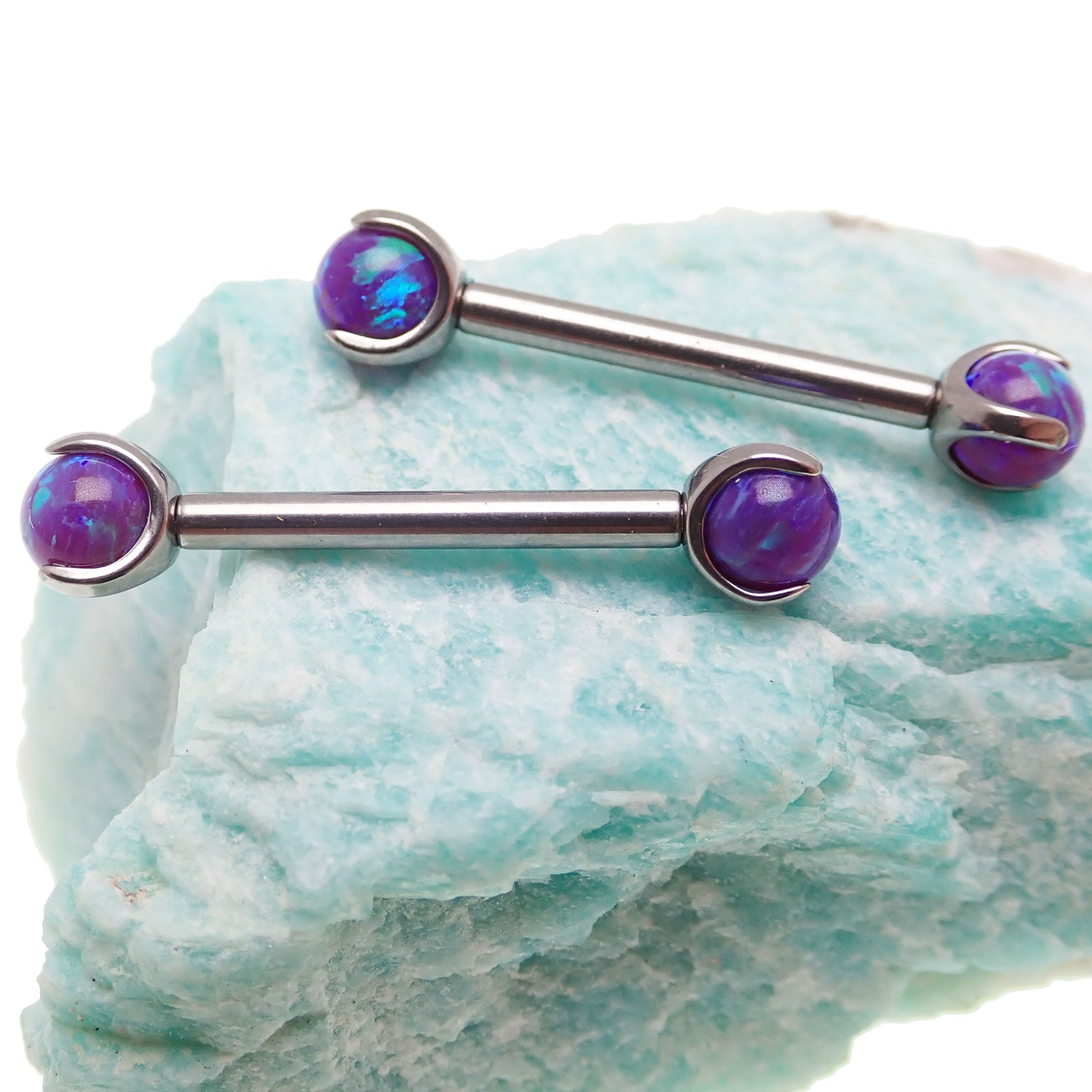 12g Sleepy Lavender Opal Nipple Barbell by Body Clickers Body Jewelry, featuring a lavender opal gemstone and stainless steel construction.