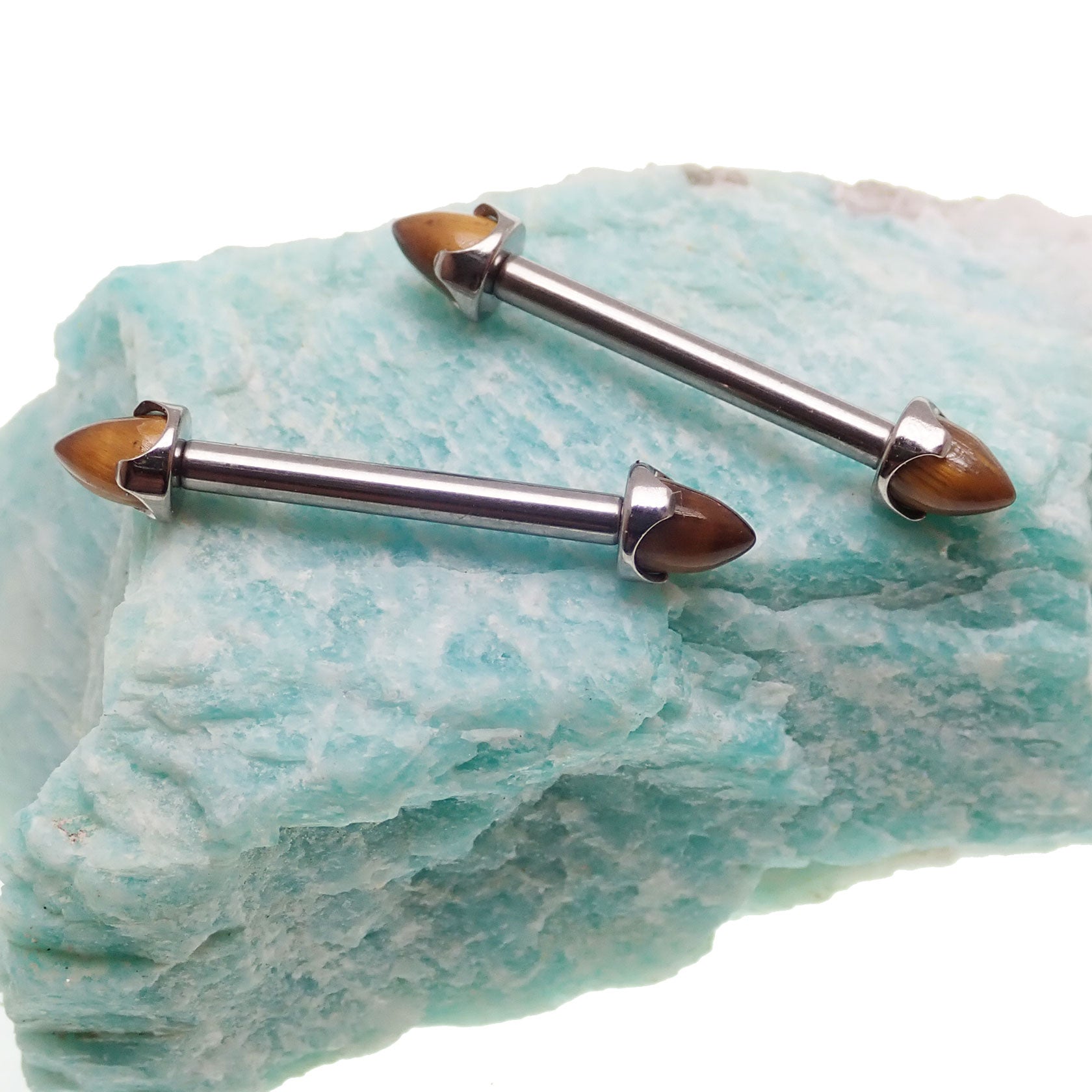 Stone Tigers Eye nipple jewelry by Body Clickers, 12 gauge with 12mm stone, featuring tiger's eye gemstone design.