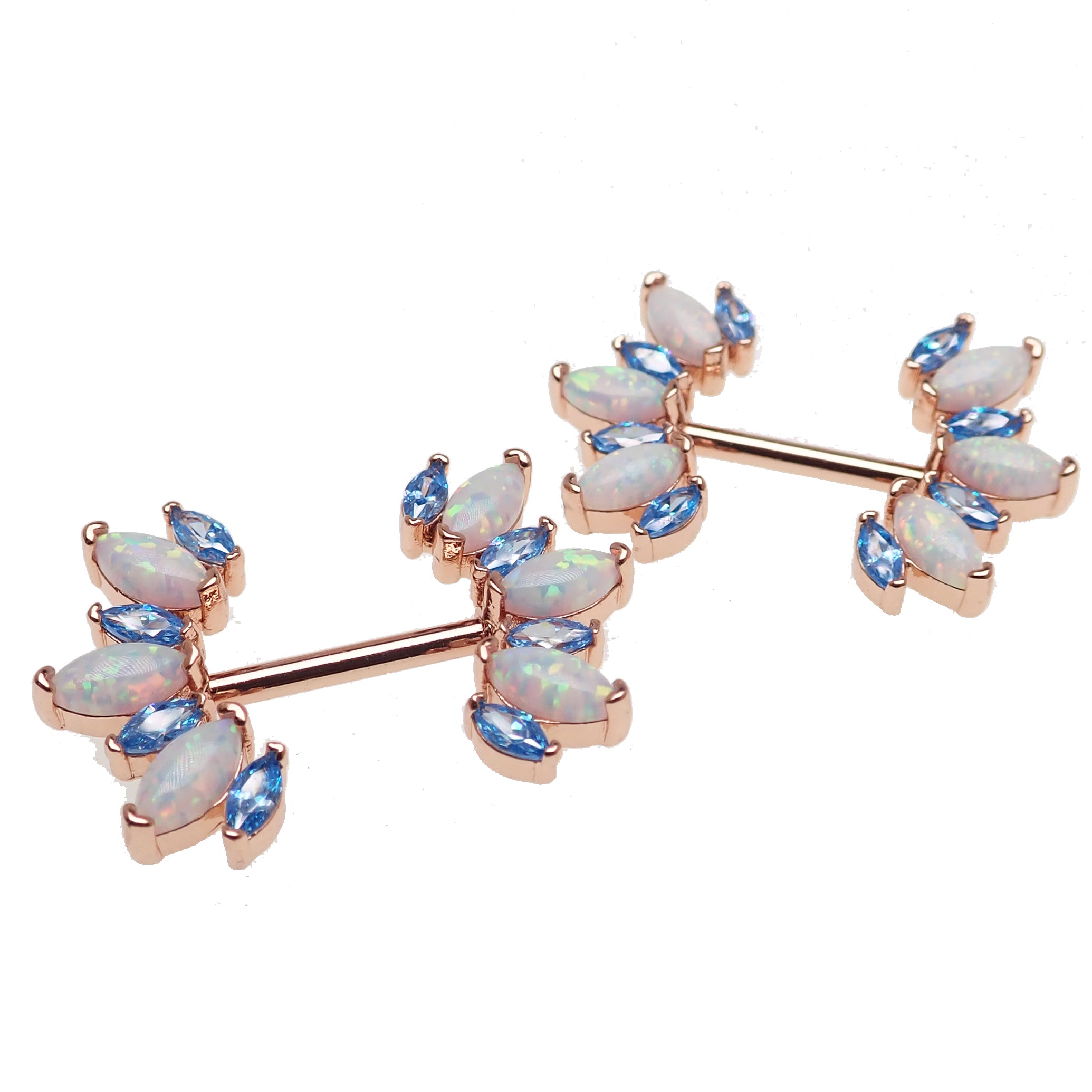 Blue cubic zirconia and white opal rose gold-dipped steel nipple bar, 14g body jewelry, with decorative stones and sleek design.