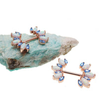 Blue CZ and white opal rose gold-dipped steel nipple bar, 14g body jewelry with decorative gemstone accents.