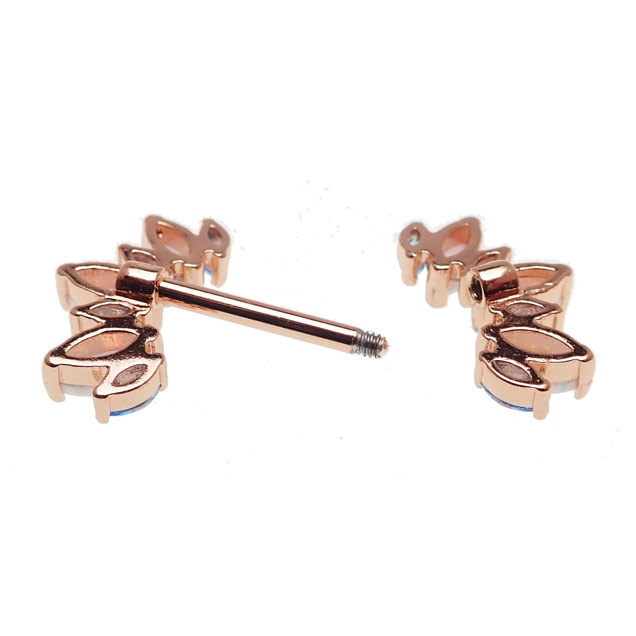 Blue CZ and white opal rose gold-dipped steel nipple bar, 14g body jewelry with decorative gems, by Body Clickers.